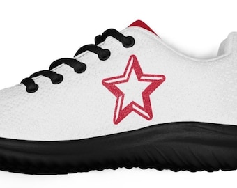 Women's White Athletic Shoes – Red Star Sneakers – Patriotic Running Shoes – USA Casual Workout Footwear