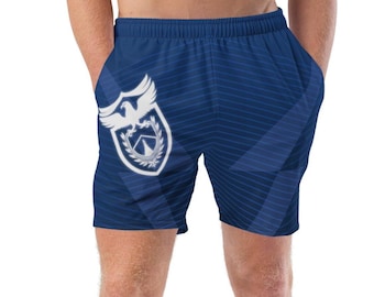 Bañadores para hombre: shorts de baño modernos, shorts de playa azules con estampado gráfico, shorts minimalistas de verano para la playa.