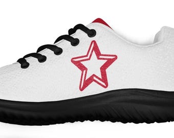 Men's White Athletic Shoes – Red Star Sneakers – Patriotic Running Shoes – USA Casual Workout Footwear