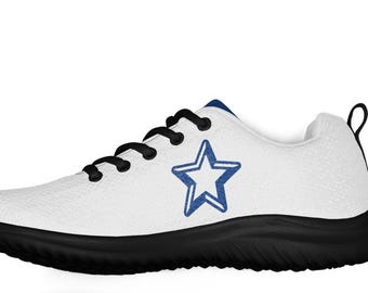 Women's White Athletic Shoes – Blue Star Sneakers – Patriotic Running Shoes – USA Casual Workout Footwear