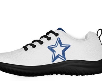 Men's White Athletic Shoes – Blue Star Sneakers – Patriotic Running Shoes – USA Casual Workout Footwear