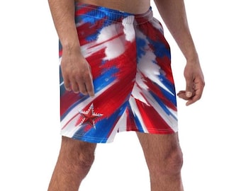 Traje de baño patriótico para hombre – Bañador reciclado rojo, blanco y azul – Pantalones cortos de playa de EE. UU. – American Burst