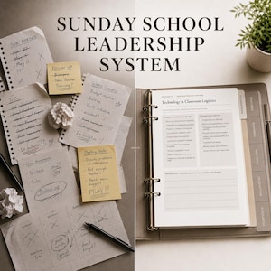 May include: A Sunday School Leadership System binder with tabbed dividers and a printed checklist page titled Technology & Classroom Logistics, alongside loose handwritten notes on paper, sticky notes, and a black pen on a flat surface.
