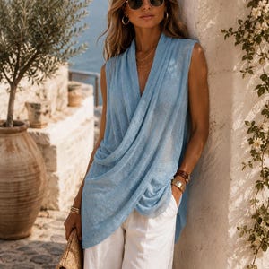 Débardeur Bohème Chic Femme en Lin – Haut Drapé Col Cascade – Blouse Sans Manches Élégante Été Plage & Vacances
