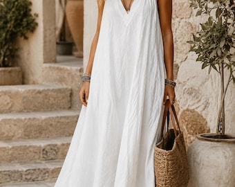 Vestido largo de lino estilo boho chic para mujer elegante, estilo mediterráneo.