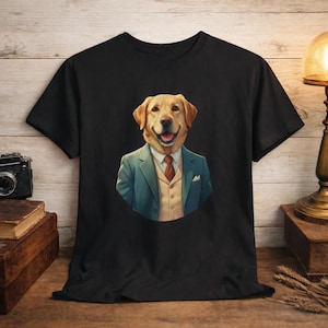 Camiseta elegante con retrato de perro golden retriever, camiseta con gráfico de traje vintage