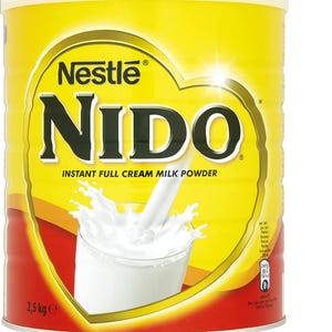 May include: A yellow cylindrical container of Nestle Nido instant full cream milk powder. The label features the brand name, a graphic of milk pouring into a glass, and a net weight of 2.5 kg printed on the lower left side of the can.