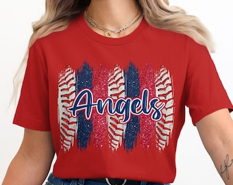 Angels Baseball T-Shirt, Distressed Glitter Stripes, Game Day Apparel