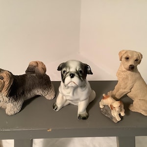 Assorted Dog Figurines: Bone China Bulldog, Sandicast Shih Tzu, Yellow Lab, Plastic Cocker Spaniel