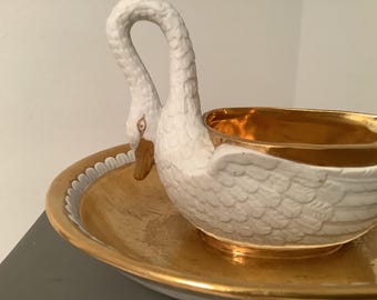 Vintage Replica Vista Alegre porcelain swan sauce boat with attached underplate with gilt detail