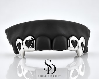 Custom Grillz | 925 Sterling Silver | Hearts Frame | Vampire Fangs | Open Face