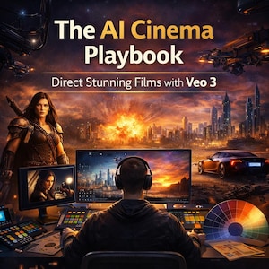 May include: Digital art promoting "The AI Cinema Playbook." The image features a person at a computer with headphones, a cityscape, and a woman with a sword. The text reads "Direct Stunning Films with Veo 3."