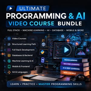May include: An advertisement for an online programming and AI video course bundle. The image features a computer screen displaying code, a stack of books with course titles, and a headset. Text includes "Ultimate Programming & AI Video Course Bundle" and course topics.