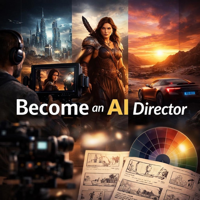 May include: Composite image with the text "Become an AI Director." The image is divided into sections, featuring a futuristic cityscape, a woman in armor, a sports car at sunset, and film production elements like storyboards and a color wheel.