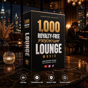 May include: A black rectangular box labeled 1,000 Royalty-Free Premium Lounge Music. The front features gold and white text, a crown icon, and social media logos. The bottom displays four circular icons for 320 kbps, commercial use, royalty-free, and no duplicates.