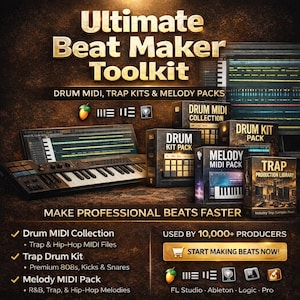 Könnte beinhalten: Werbung für das Ultimate Beat Maker Toolkit. Das Bild zeigt eine Tastatur, Softwareoberflächen und mehrere Produktboxen mit der Aufschrift "Drum MIDI Collection", "Drum Kit Pack", "Melody MIDI Pack" und "Trap Production Library."