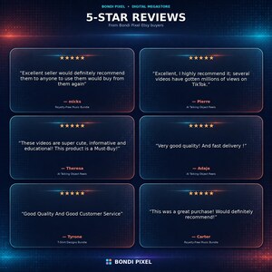 May include: A digital graphic displaying 5-star reviews for Bondi Pixel Digital Megastore. Six customer testimonials are presented in translucent blue boxes against a dark background with red and blue light accents, featuring text from buyers.