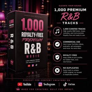 May include: A black box with the text "1,000 Royalty-Free Premium R&B Tracks" in pink and white. The box also includes information about curated tracks, commercial use, and royalty-free content. The product is designed for content creators.