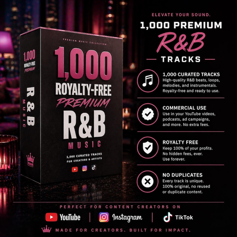 May include: A black box with the text "1,000 Royalty-Free Premium R&B Tracks" in pink and white. The box also includes information about curated tracks, commercial use, and royalty-free content. The product is designed for content creators.