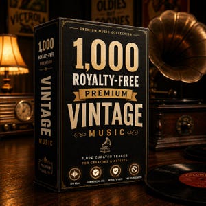 May include: A black rectangular box featuring gold text that reads 1,000 ROYALTY-FREE PREMIUM VINTAGE MUSIC, 1,000 CURATED TRACKS FOR CREATORS & ARTISTS, 320 kbps, COMMERCIAL USE, ROYALTY FREE, and NO DUPLICATES, with a small gramophone icon.