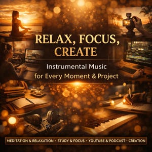 May include: A collage with a warm, golden color scheme. The text "RELAX, FOCUS, CREATE" is prominent. It also includes the text "Instrumental Music for Every Moment & Project" and the words "MEDITATION & RELAXATION STUDY & FOCUS YOUTUBE & PODCAST CREATION". The image features scenes of meditation, music production, and recording.