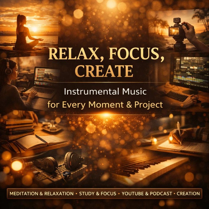 May include: A collage with a warm, golden color scheme. The text "RELAX, FOCUS, CREATE" is prominent. It also includes the text "Instrumental Music for Every Moment & Project" and the words "MEDITATION & RELAXATION STUDY & FOCUS YOUTUBE & PODCAST CREATION". The image features scenes of meditation, music production, and recording.