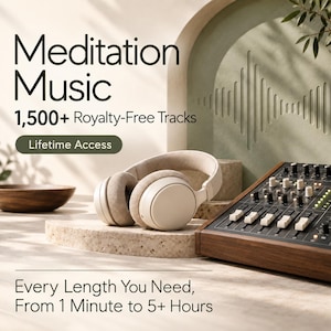 May include: Beige over-ear headphones sit on a stone platform next to an audio mixing console. Text reads: Meditation Music, 1,500+ Royalty-Free Tracks, Lifetime Access, and Every Length You Need, From 1 Minute to 5+ Hours.