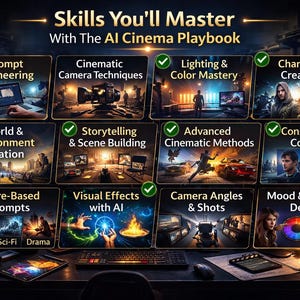 May include: An advertisement for "The AI Cinema Playbook" with various skills listed, including Prompt Engineering, Cinematic Camera Techniques, and Character Creation. The image features a dark desktop setup with a keyboard, tablet, and coffee cup.