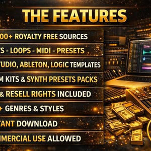 May include: Image promoting music production resources. Text highlights features: royalty-free sources, beats, loops, MIDI, presets, FL Studio templates, drum kits, resell rights, 100+ genres, instant download, and commercial use. A laptop and keyboard are visible.