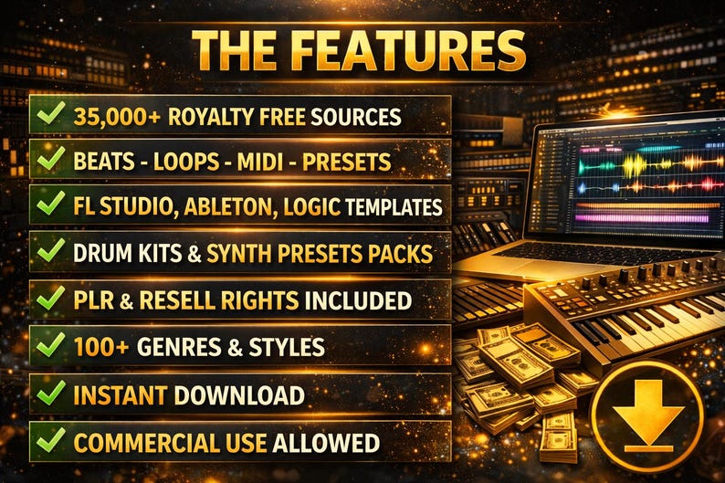 May include: Image promoting music production resources. Text highlights features: royalty-free sources, beats, loops, MIDI, presets, FL Studio templates, drum kits, resell rights, 100+ genres, instant download, and commercial use. A laptop and keyboard are visible.