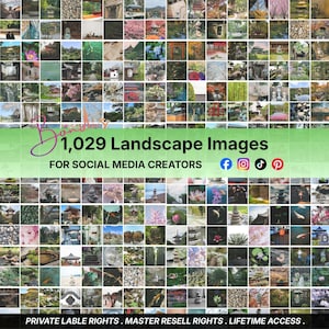 Può includere: Un collage digitale di 1.029 immagini di paesaggi con giardini giapponesi, architettura e natura. Un banner centrale verde chiaro mostra il testo: Bandus 1,029 Landscape Images FOR SOCIAL MEDIA CREATORS con icone dei social media.
