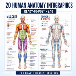 Könnte beinhalten: Ein Infografik-Set mit dem Titel 20 Human Anatomy Infographics, das zwei Darstellungen des menschlichen Körpers zeigt. Die linke Tafel zeigt farbcodierte Muskelgruppen, während die rechte Tafel Sehnen und Gelenke mit Beschriftungen hervorhebt.
