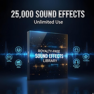 Può includere: Una scatola di prodotti digitali con il testo "25.000 EFFETTI SONORI" e "Uso illimitato". La scatola è etichettata "LIBRERIA DI EFFETTI SONORI ROYALTY-FREE". Sono presenti anche icone per giochi, meme, horror, transizioni e suoni di sottofondo.