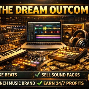May include: Image promoting music production with the text "THE DREAM OUTCOME." It features a laptop displaying audio waveforms, studio equipment, headphones, and cash. The image also includes the text "MAKE BEATS," "SELL SOUND PACKS," "LAUNCH MUSIC BRAND," and "EARN 24/7 PROFITS."