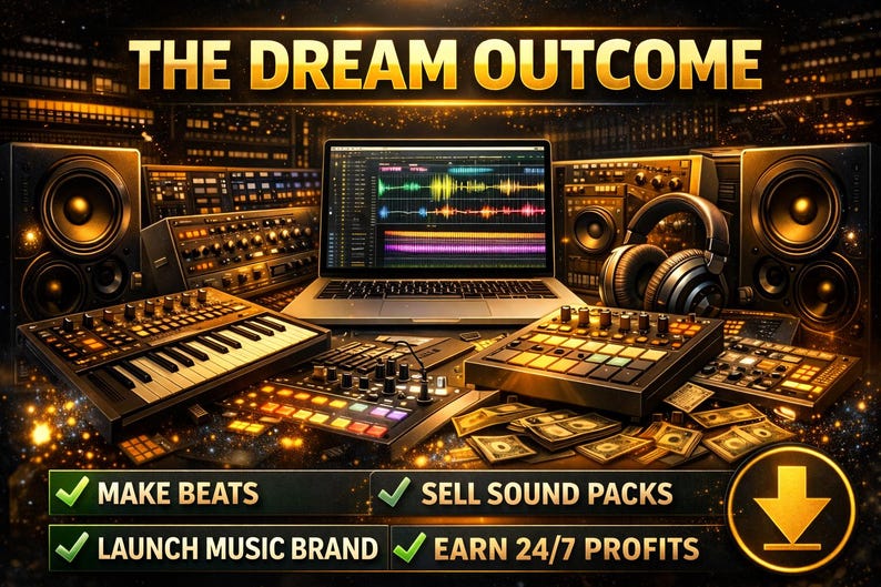 May include: Image promoting music production with the text "THE DREAM OUTCOME." It features a laptop displaying audio waveforms, studio equipment, headphones, and cash. The image also includes the text "MAKE BEATS," "SELL SOUND PACKS," "LAUNCH MUSIC BRAND," and "EARN 24/7 PROFITS."