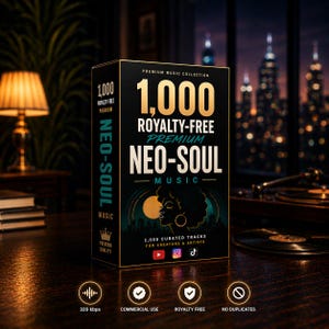 May include: A black box with gold lettering and graphics promoting a premium music collection of 1,000 royalty-free Neo-Soul tracks. The box features a silhouette of a woman's face and the text "1,000 curated tracks for creators & artists."