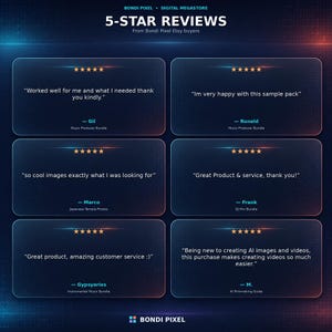 May include: A digital graphic displaying six 5-star reviews for Bondi Pixel Digital Megastore. Each review box contains a customer testimonial, a five-star rating, and the name of the purchased product bundle, set against a dark blue background.