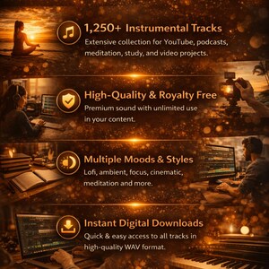 May include: An advertisement with a warm, golden color scheme promoting instrumental tracks. The text highlights 1,250+ tracks, high-quality and royalty-free music, multiple moods and styles, and instant digital downloads. The image includes people using computers and a piano.