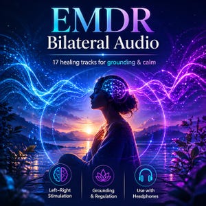May include: An image promoting EMDR Bilateral Audio, featuring a woman meditating with a glowing brain illustration. The text highlights 17 healing tracks for grounding and calm, with icons for left-right stimulation, grounding, and headphone use.