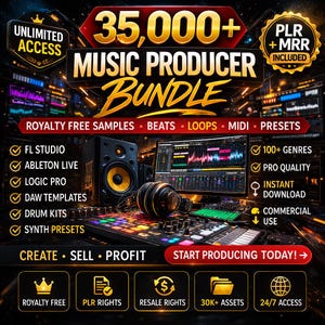 May include: An advertisement for a music producer bundle, featuring the text "35,000+ MUSIC PRODUCER BUNDLE". The image highlights royalty-free samples, beats, loops, MIDI, and presets. It also mentions FL Studio, Ableton Live, Logic Pro, and other features.