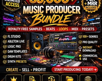 May include: A promotional image for a music producer bundle. The image features the text "35,000+ MUSIC PRODUCER BUNDLE" with additional text indicating royalty-free samples, beats, loops, MIDI, and presets. It also highlights FL Studio, Ableton Live, Logic Pro, and other features.