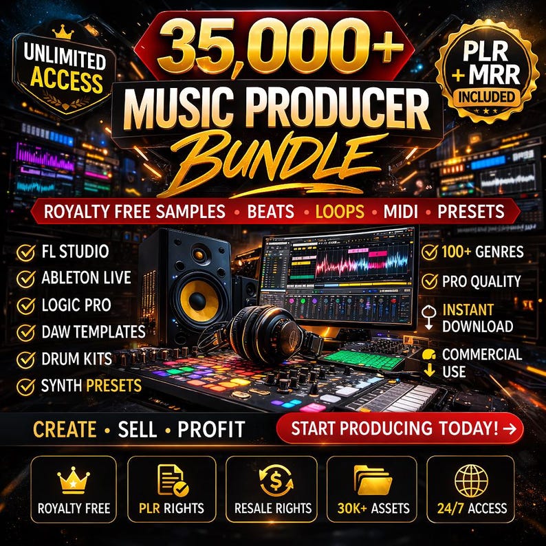 May include: A promotional image for a music producer bundle. The image features the text "35,000+ MUSIC PRODUCER BUNDLE" with additional text indicating royalty-free samples, beats, loops, MIDI, and presets. It also highlights FL Studio, Ableton Live, Logic Pro, and other features.