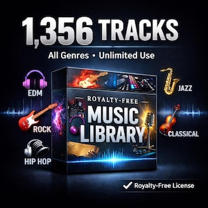 Puede incluir: Una caja de biblioteca de música digital con el texto "1.356 TRACKS" y "Todos los géneros • Uso ilimitado". La caja presenta ilustraciones de instrumentos musicales y géneros como EDM, Rock, Hip Hop, Jazz y Clásica. También se muestran las palabras "ROYALTY-FREE MUSIC LIBRARY".