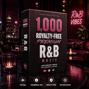 May include: A black box with the text "1,000 Royalty-Free Premium R&B Music" in white and pink. The box also includes icons for commercial use, royalty-free, and no duplicates. The background features a neon sign that says "R&B Vibes".