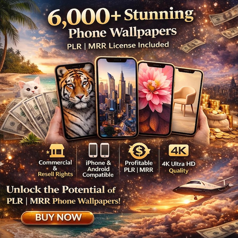 May include: A digital graphic displaying 6,000+ Stunning Phone Wallpapers with PLR and MRR license included. The image features four smartphones showing tiger, city, flower, and chair wallpapers, surrounded by money, a cat, and a private jet.