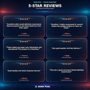 May include: A digital graphic displaying 5-star reviews for Bondi Pixel Digital Megastore. Six customer testimonials are presented in translucent blue boxes against a dark background with red and blue light accents, featuring text from buyers.