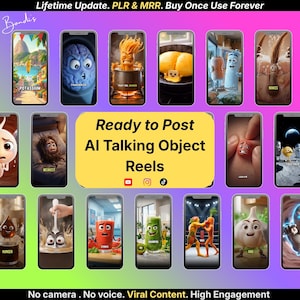 Peut inclure: Image promotionnelle présentant des écrans de smartphones affichant des personnages d'IA animés. Les écrans présentent divers personnages avec des superpositions de texte, notamment « Potassium », « Weakest » et « Hunger ». Le texte central indique « Ready to Post AI Talking Object Reels ».