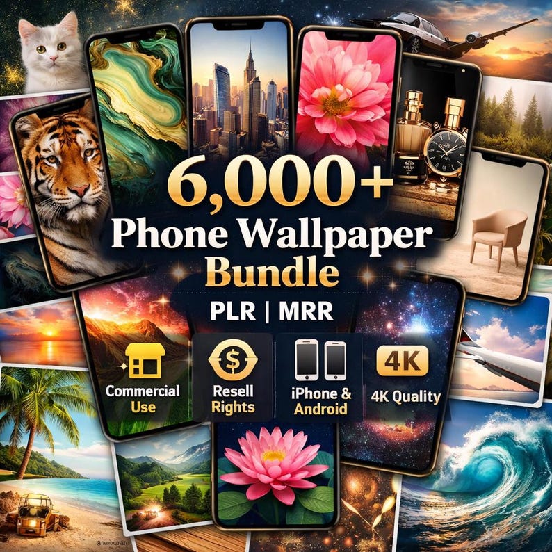 May include: A digital collection of 6,000+ phone wallpapers displayed on multiple smartphone screens. The central text reads 6,000+ Phone Wallpaper Bundle PLR | MRR, with icons for commercial use, resell rights, and 4K quality for iPhone and Android.