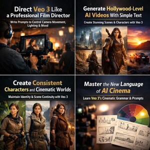 May include: A promotional image with text promoting AI video creation. The image is divided into four sections, each with text and accompanying visuals. The text includes phrases like "Direct Veo 3," "Generate Hollywood-Level AI Videos," and "Master the New Language of AI Cinema."