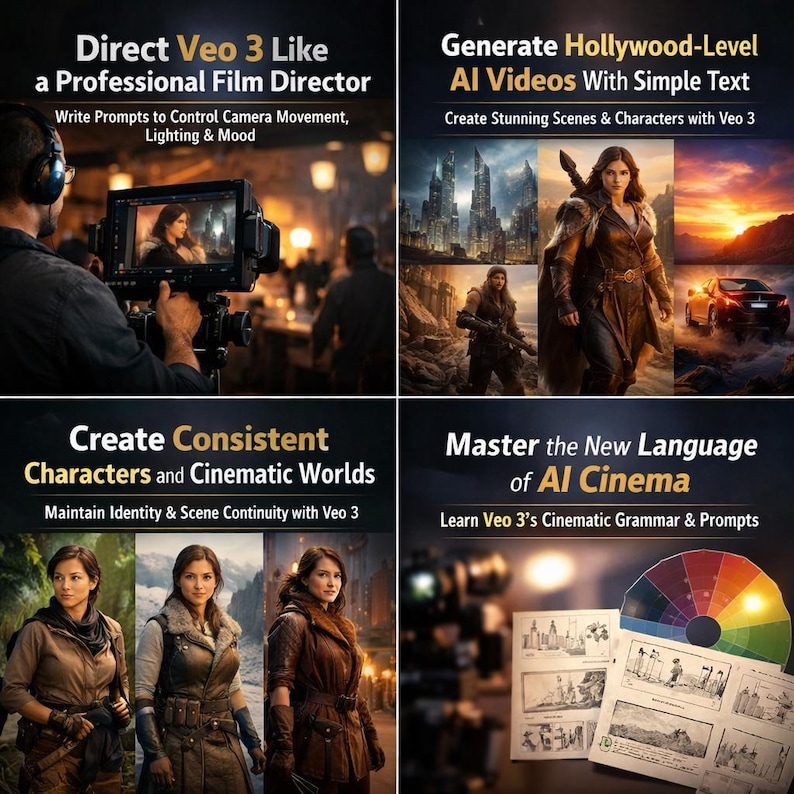 May include: A promotional image with text promoting AI video creation. The image is divided into four sections, each with text and accompanying visuals. The text includes phrases like "Direct Veo 3," "Generate Hollywood-Level AI Videos," and "Master the New Language of AI Cinema."